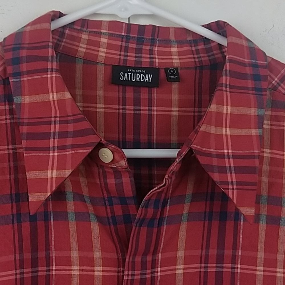 ‎Kate Spade Plaid Button Down "Saturday" Red Cotton, Size - 6 - Picture 8 of 8